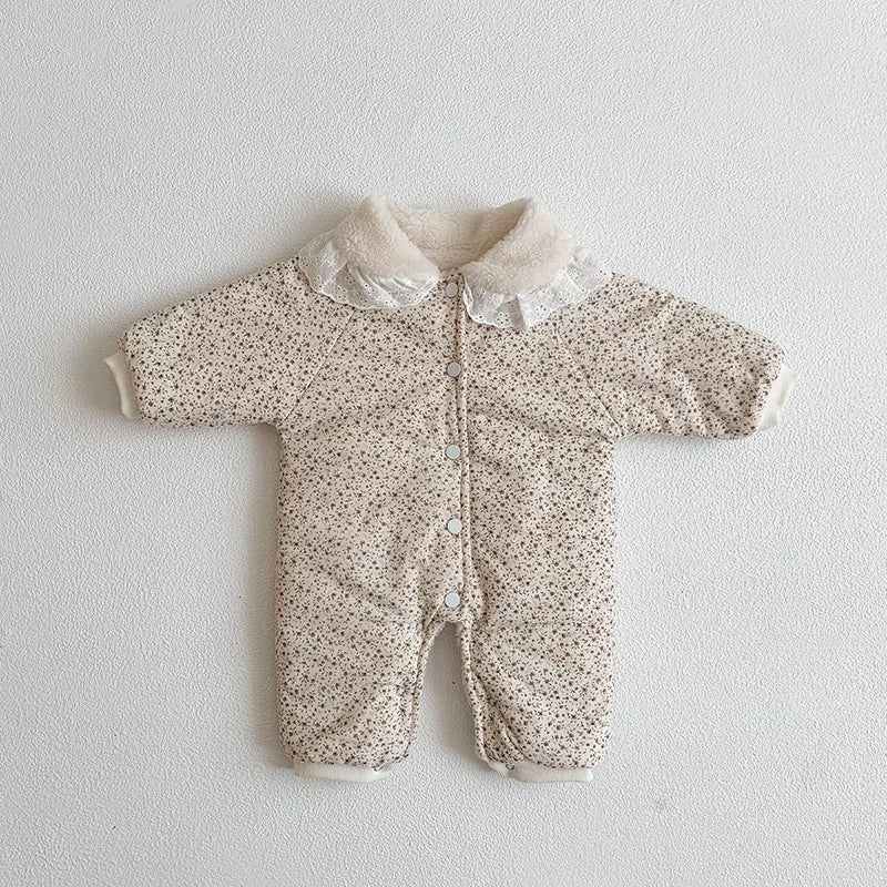 MILANCEL New Baby Rompers Fur Lining Girls Jumpsuits Floral Fleece Thicken Toddler Clothing
