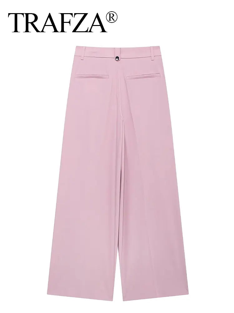 TRAFZA Women Casual Solid Straight Pants 2024 New Fashion Female Loose High Waist Zipper Fly Trousers Vintage Office Lady Pants