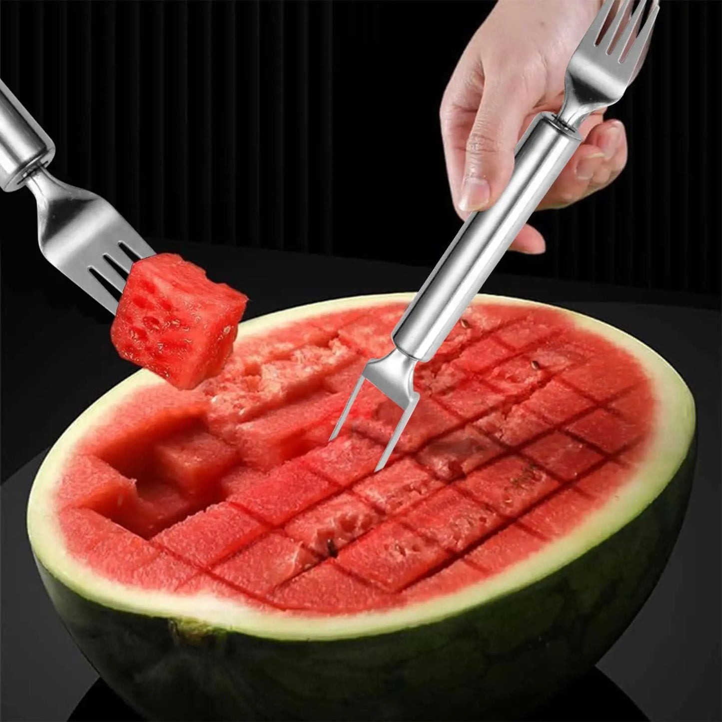 2025 Newest Watermelon Slicer Tool Stainless Steel Fruit Cutter Dual Head Watermelon Fork Melon Cutter Kitchen Gadgets