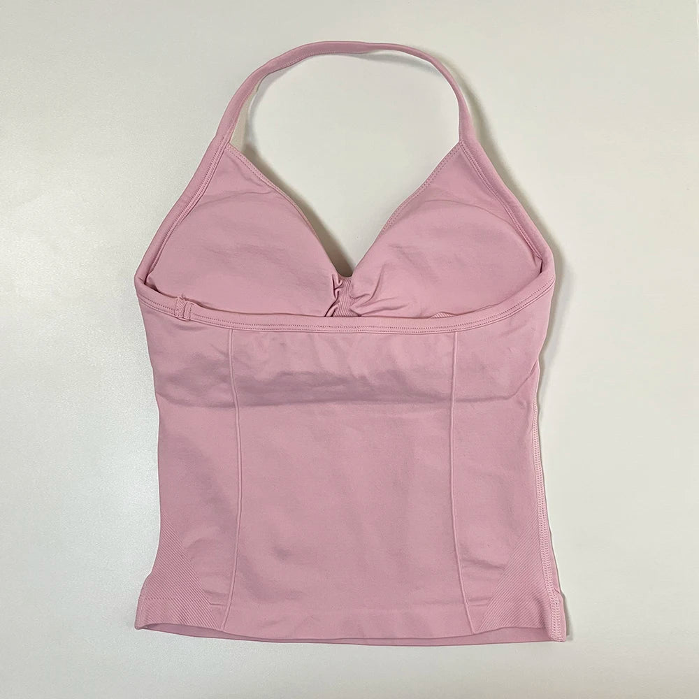 Longline Strappy Gym Top Women Sports Vest Backless Yoga Shirt Scrunch Built in Bra With Cups Halter Fitness Workout Tank Top
