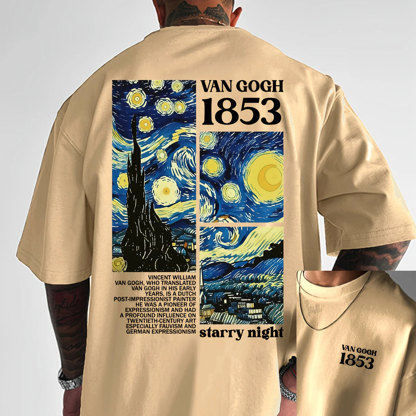 Men's summer 100% pure cotton fashionable casual loose tribute Van Gogh famous painting printed round neck short sleeved T-shirt