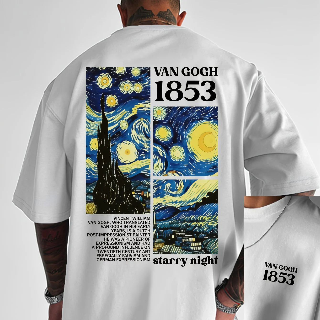 Men's summer 100% pure cotton fashionable casual loose tribute Van Gogh famous painting printed round neck short sleeved T-shirt