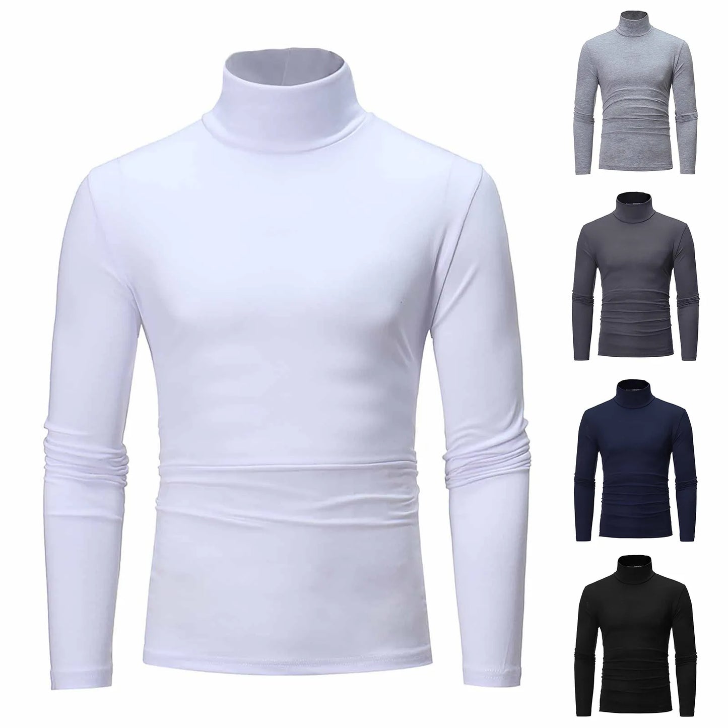 Autumn Winter Fashion Pullover Men's High Neck T-shirt Solid Colors Slim Fit Long Sleeve Cotton Breathable Casual Style