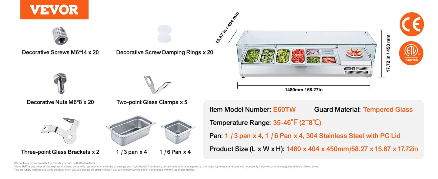 SucceBuy Countertop Refrigerated Condiment Prep Station 304 Stainless Body and PC Lid, Sandwich Prep Table with Glass Guard