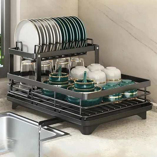 Tableware filter Dish Drying Rack Adjustable Kitchen Plates Organizer with Drainboard Over Sink Countertop Cutlery Storage Holde