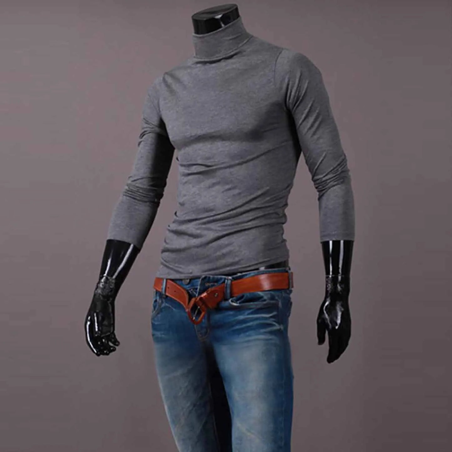Autumn Winter Fashion Pullover Men's High Neck T-shirt Solid Colors Slim Fit Long Sleeve Cotton Breathable Casual Style