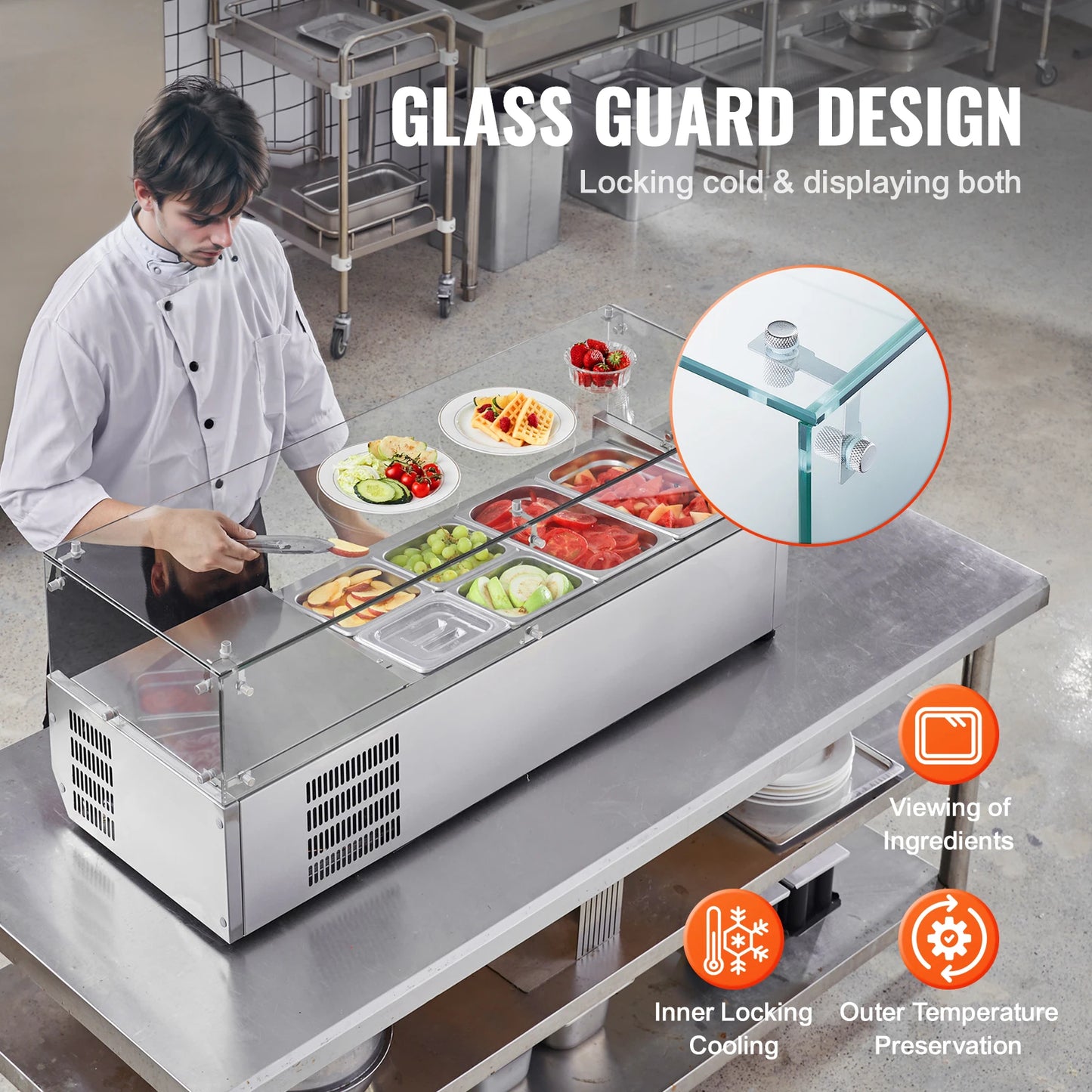SucceBuy Countertop Refrigerated Condiment Prep Station 304 Stainless Body and PC Lid, Sandwich Prep Table with Glass Guard