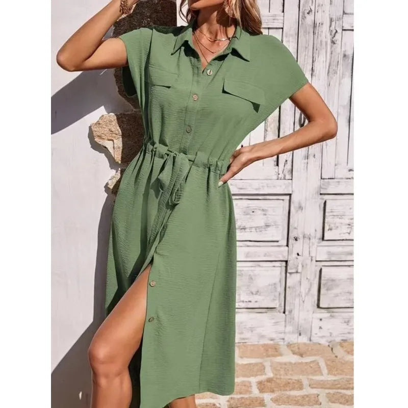 New Dresses 2025 Woman Fashion Summer Comfortable shirt collar Waist Skirt Ladies Clothing