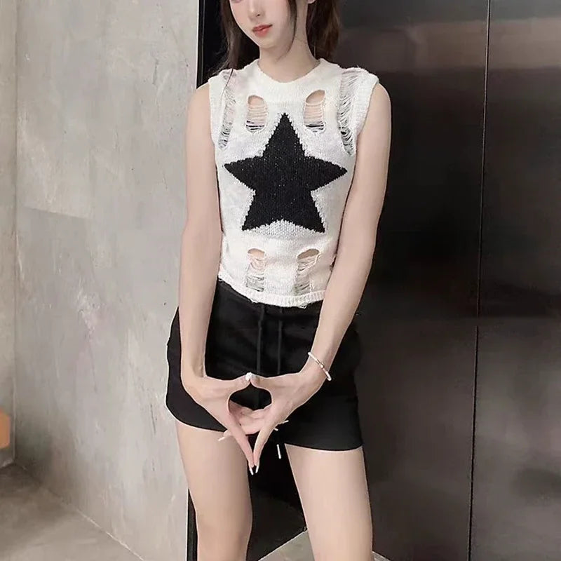 Sleeveless Fashion Sexy Women Ripped Design Shirt O-neck Hollow Out Y2k Tank Top New Casual Vest Slim Fit Knitted Hole Star Tops