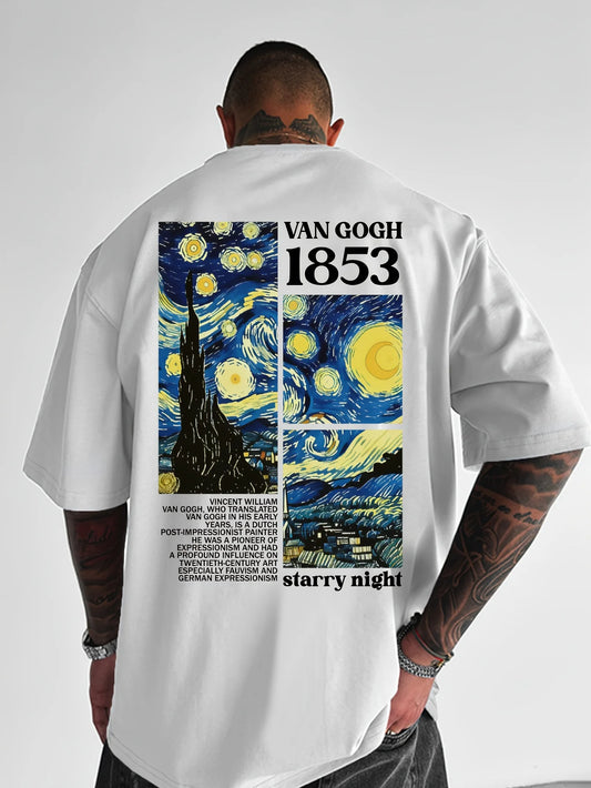 Men's summer 100% pure cotton fashionable casual loose tribute Van Gogh famous painting printed round neck short sleeved T-shirt