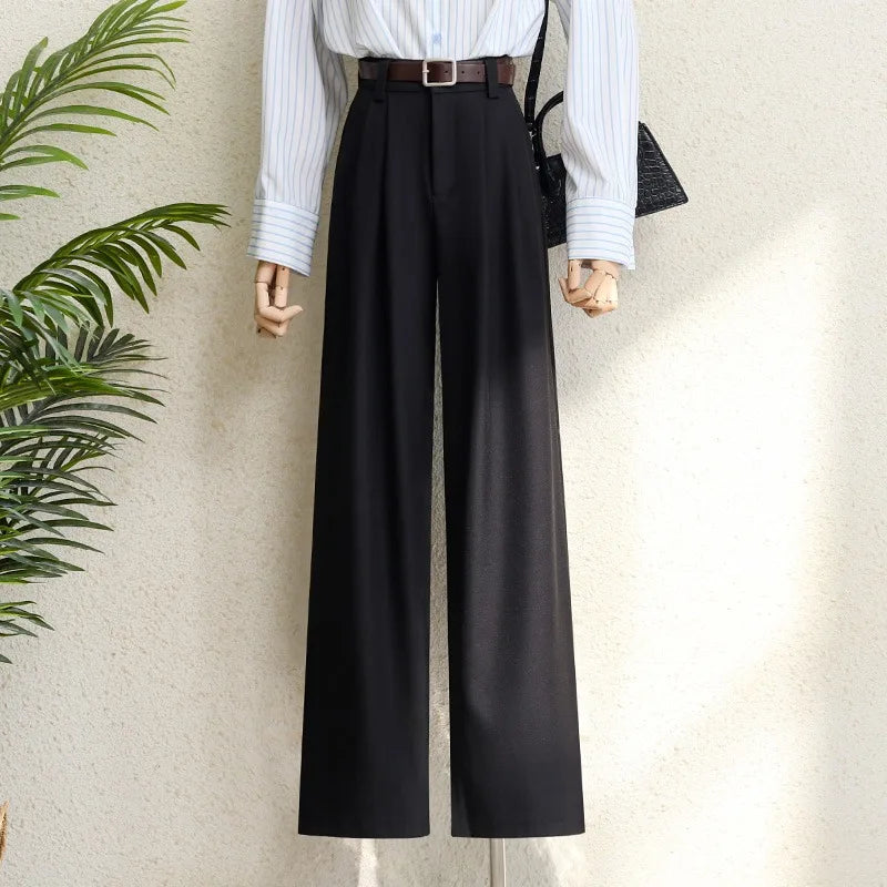 Spring 2025 New Burgundy Suits Pants for Women Office Lady Elegant High Waist Wide Leg Fashion Trousers with Pockets Black Gray