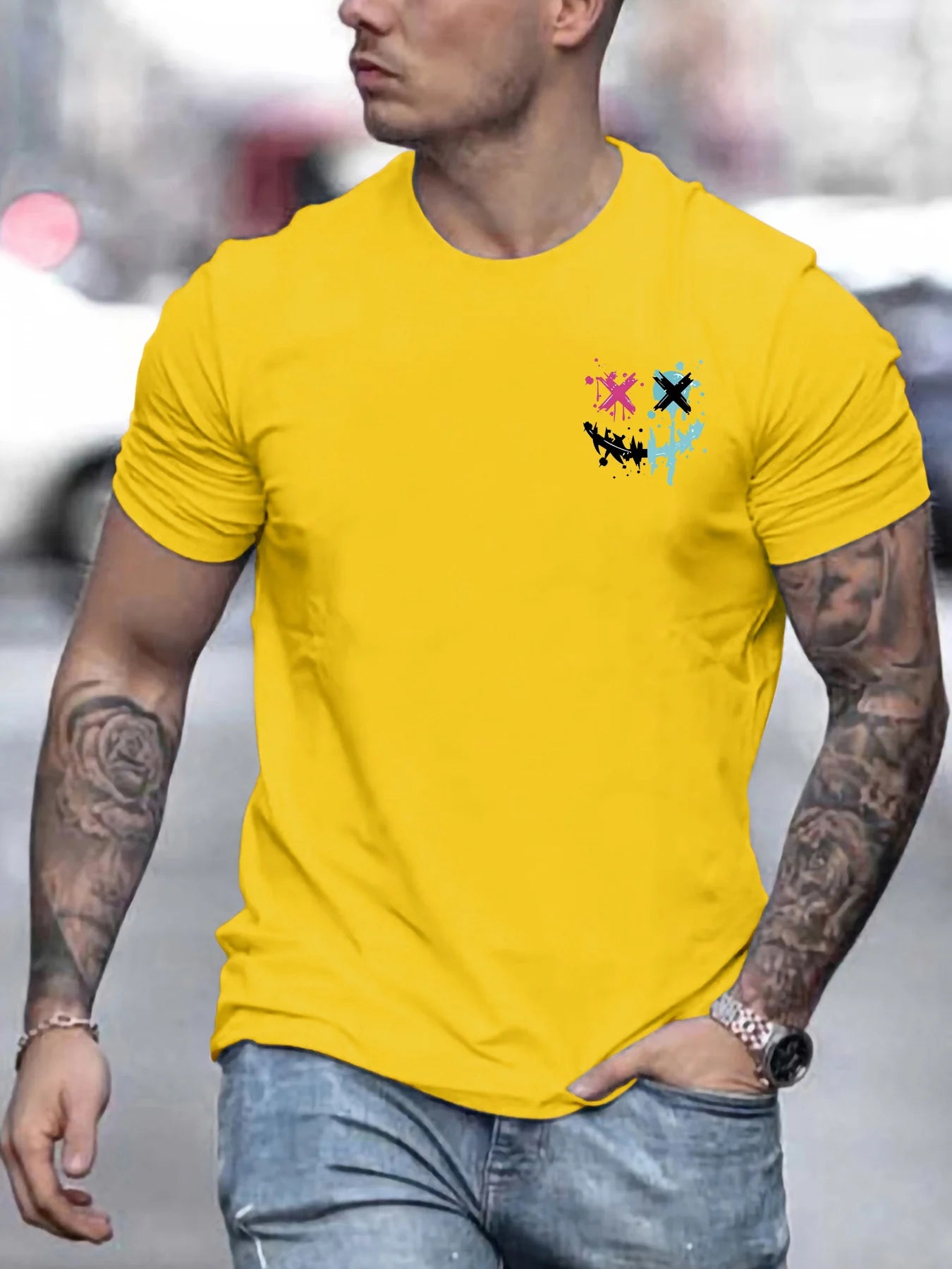 Men's summer 100 cotton fashionable casual sports loose smiling face pattern printed round neck short sleeved T-shirt top