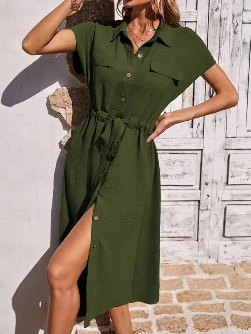 New Dresses 2025 Woman Fashion Summer Comfortable shirt collar Waist Skirt Ladies Clothing