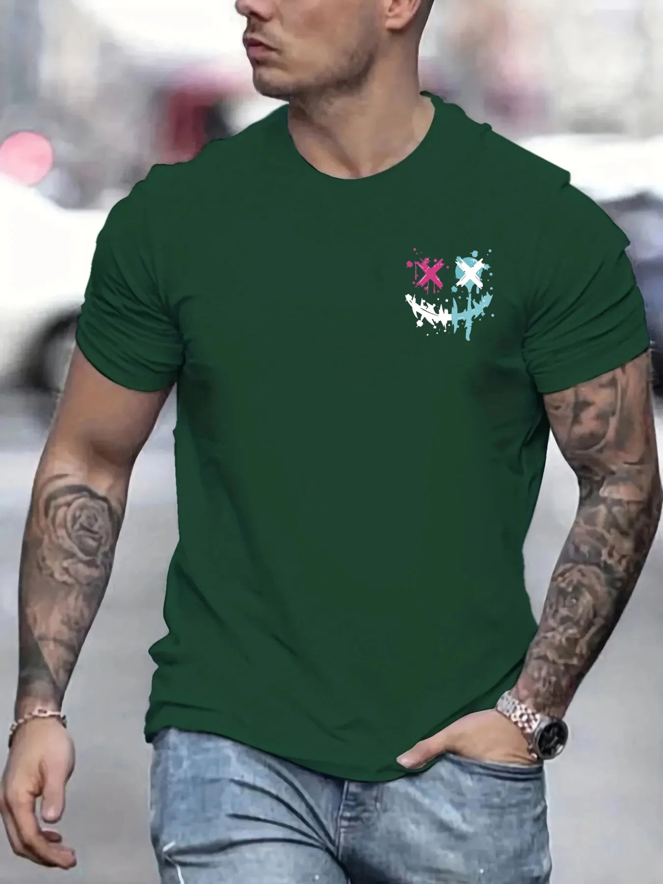 Men's summer 100 cotton fashionable casual sports loose smiling face pattern printed round neck short sleeved T-shirt top