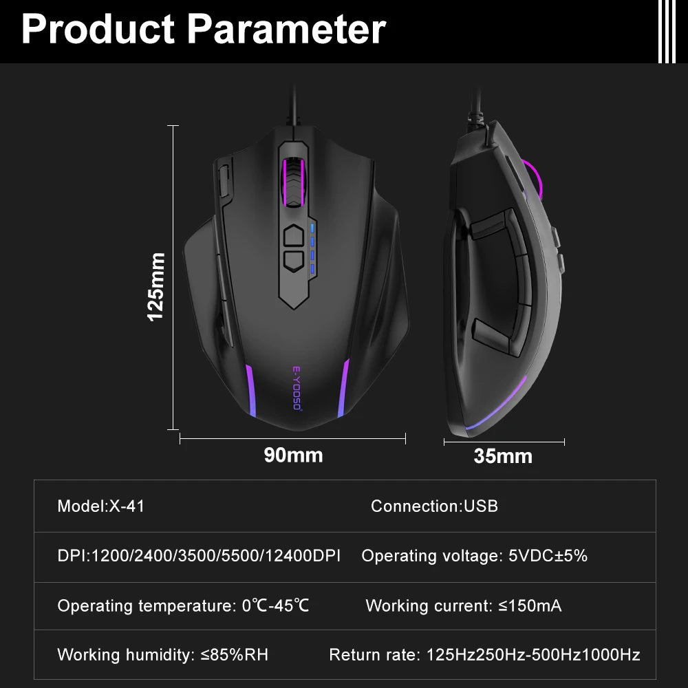 E-YOOSO X-41 USB Wired RGB Gaming Mouse 12400 DPI PAW3327 10 buttons programmable game Optical mice for Computer PC Laptop