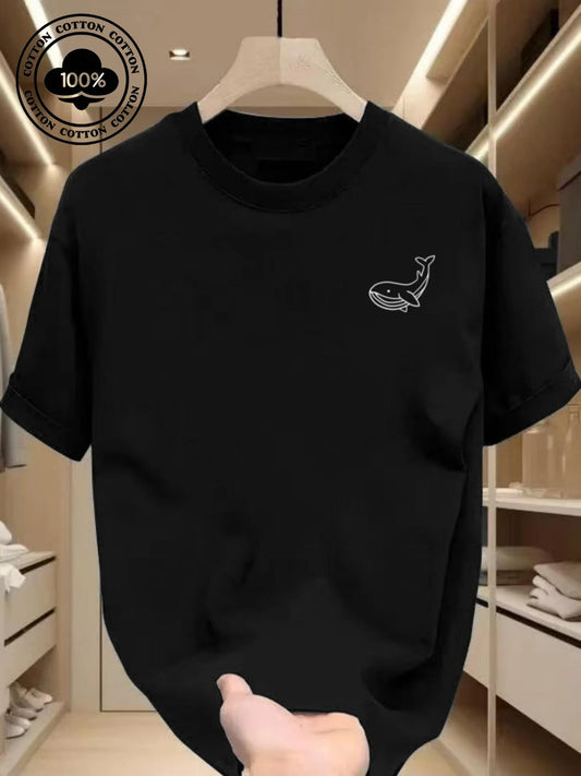 Men's Summer 100 Cotton Fashionable Casual Sports Loose Large Whale Pattern Printed Round Neck Short Sleeve T-shirt Top