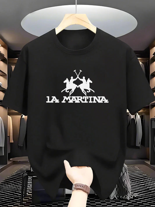 Men's summer 100% pure cotton fashionable casual loose sports LA MARTINA pattern printed round neck short sleeved T-shirt top