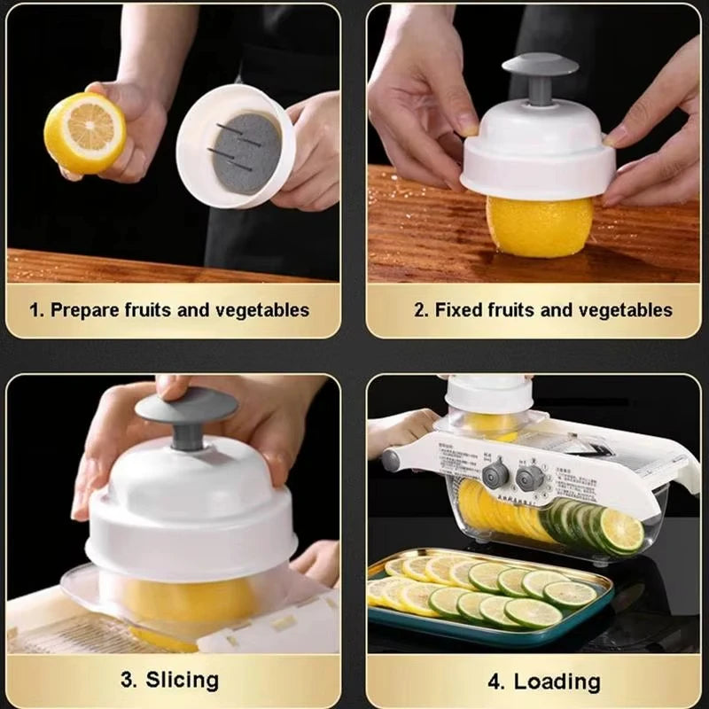 Lemon Slicer Adjustable Vegetable Food Cutter Slicing Machine Julienned with Basket Multifunctional Manual Potato Fruit Kitchen