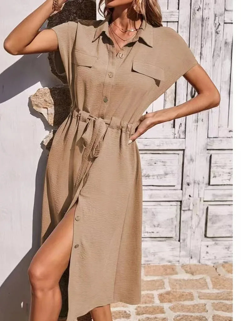 New Dresses 2025 Woman Fashion Summer Comfortable shirt collar Waist Skirt Ladies Clothing