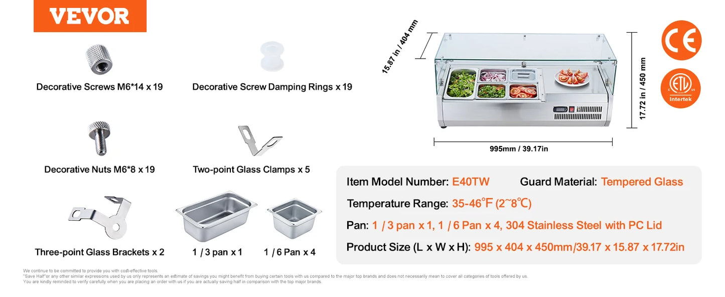 SucceBuy Countertop Refrigerated Condiment Prep Station 304 Stainless Body and PC Lid, Sandwich Prep Table with Glass Guard