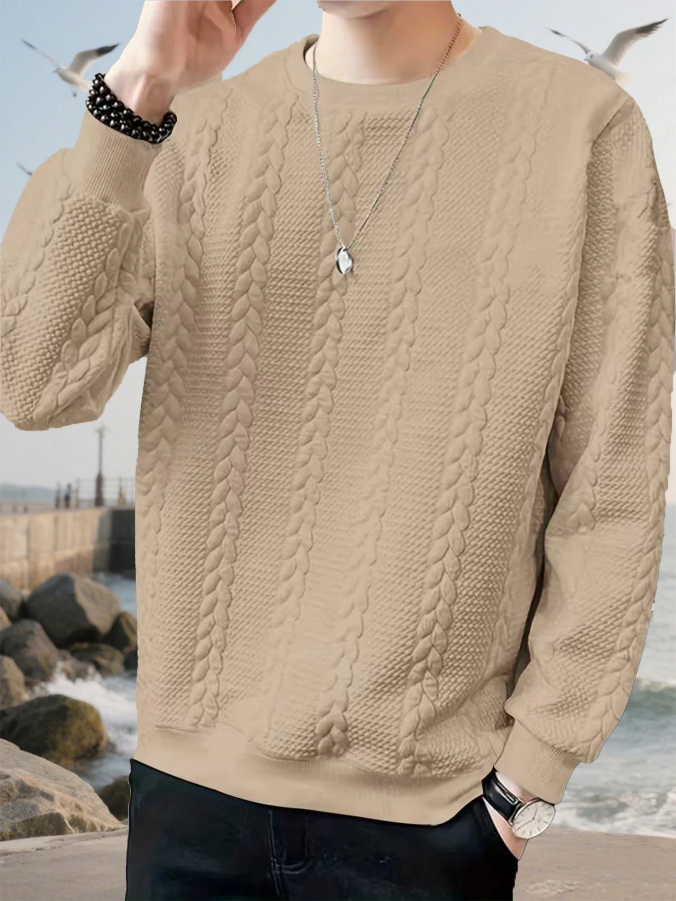 Autumn men's new round neck jacquard checkered high-end boutique fashion long sleeved polo shirt casual solid color warm T-shirt
