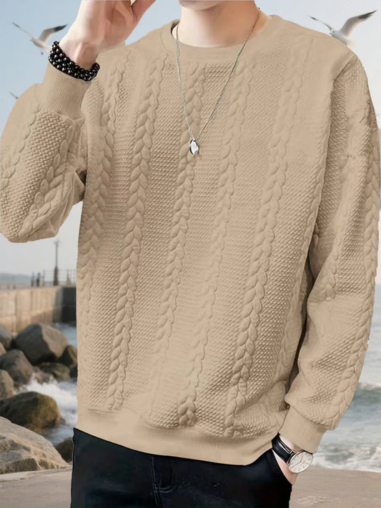 Autumn men's new round neck jacquard checkered high-end boutique fashion long sleeved polo shirt casual solid color warm T-shirt