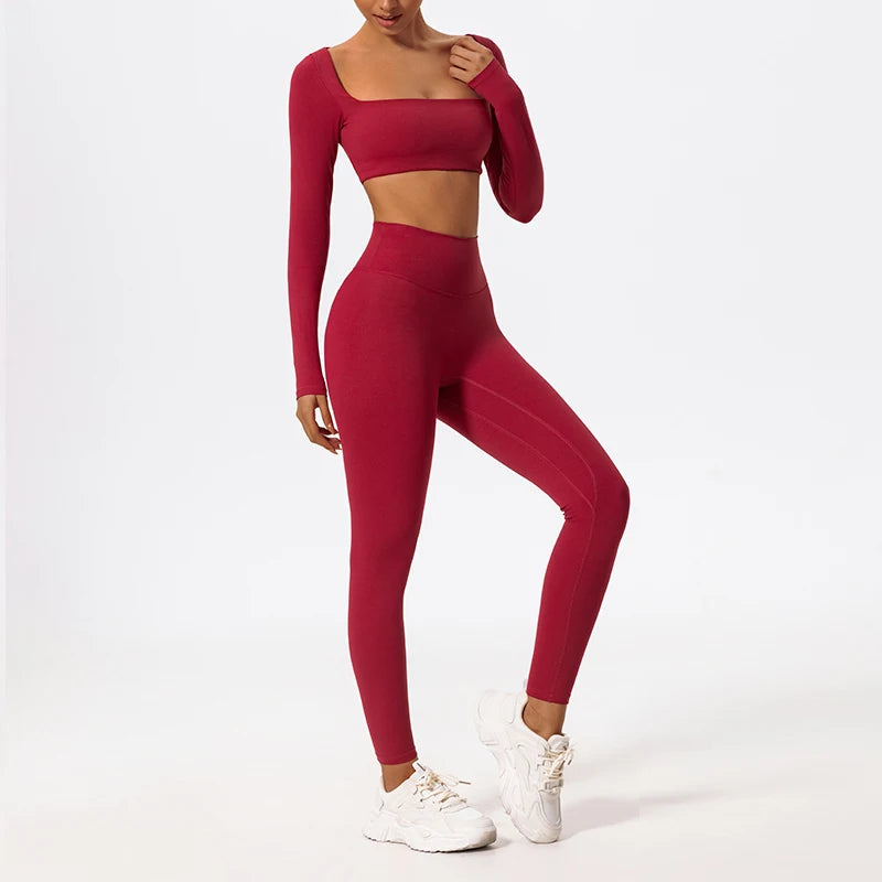 Ctenkevet Long sleeve Shirt Sports Set Women Fitness Yoga Suit Crop Top High Waist Gym Set Women Quick-Dry 2Pcs Yoga Clothes