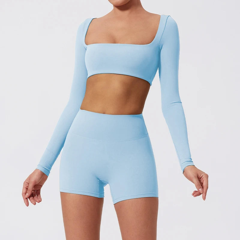Ctenkevet Long sleeve Shirt Sports Set Women Fitness Yoga Suit Crop Top High Waist Gym Set Women Quick-Dry 2Pcs Yoga Clothes