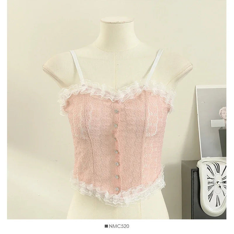 Women Sexy Lace Tank Top Sweet Off Shoulder Button Tube Top With Bra Pad Elastic Pleated Backless Camisole Y2K Fashion New