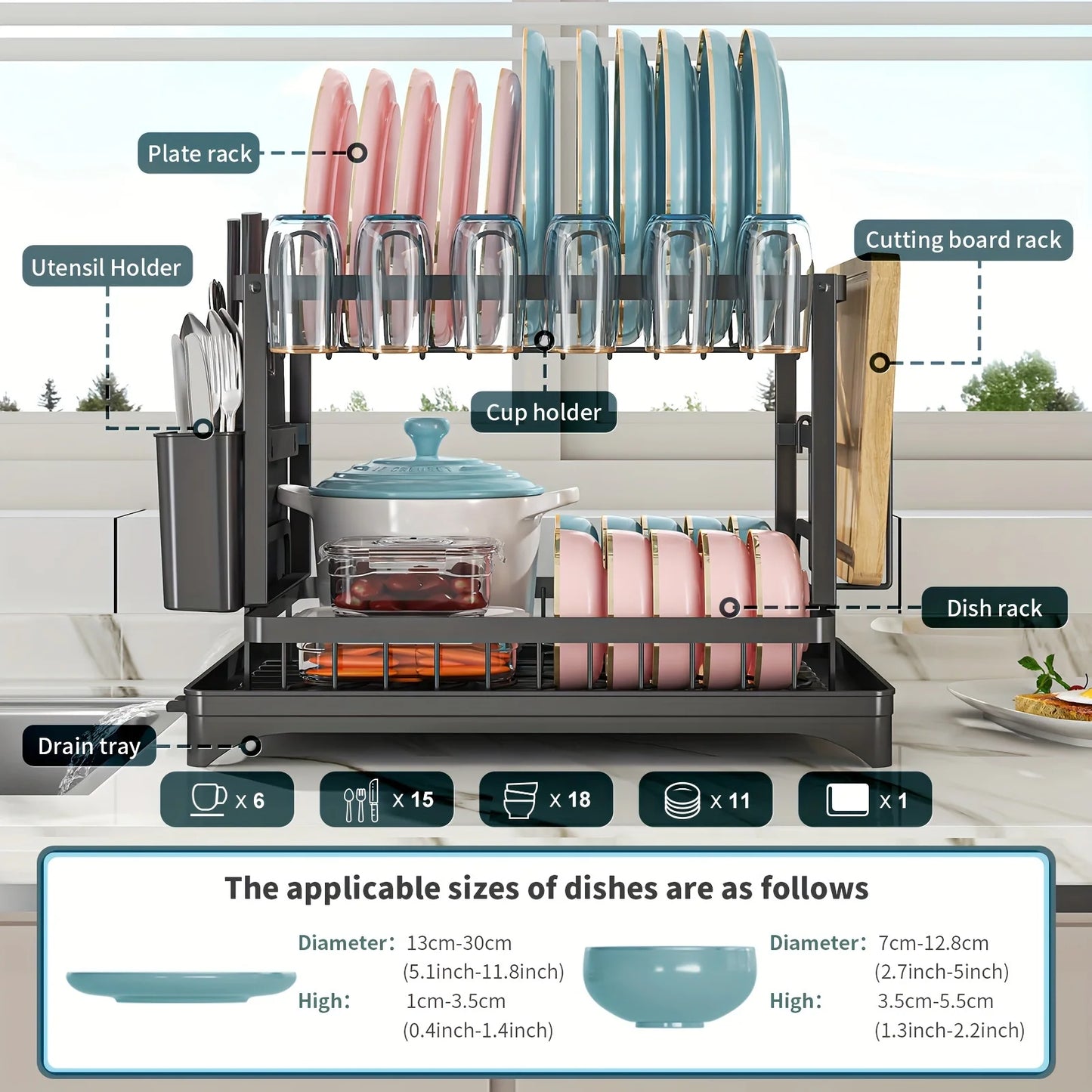 Dish Drying Rack, 2 Tier Large Dish Drying Rack for Kitchen Counter with Drainboard Stainless Steel Dish Drainer for Dish&Cup
