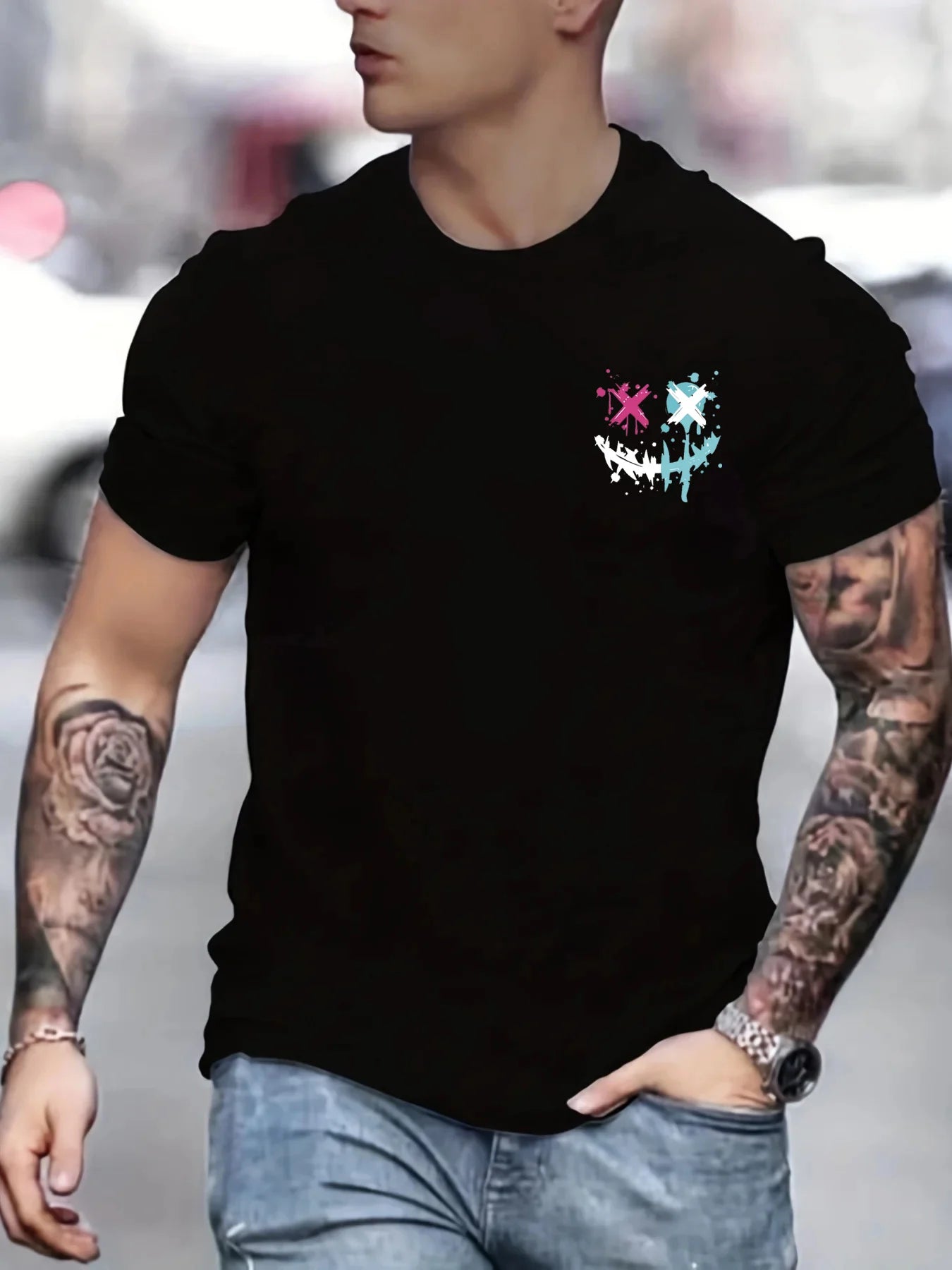 Men's summer 100 cotton fashionable casual sports loose smiling face pattern printed round neck short sleeved T-shirt top