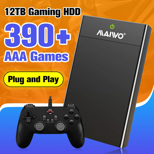 Portable External 12T Gaming HDD with 390+AAA Retro Games Game Consoles for Windows PC Playnite System for PS2/PS3/PS4/WiiU/MAME