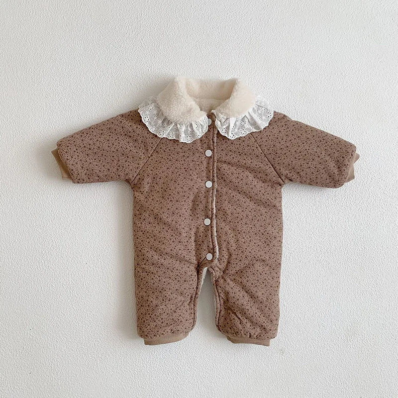 MILANCEL New  Baby Rompers Fur Lining Girls Jumpsuits Floral Fleece Thicken Toddler Clothing