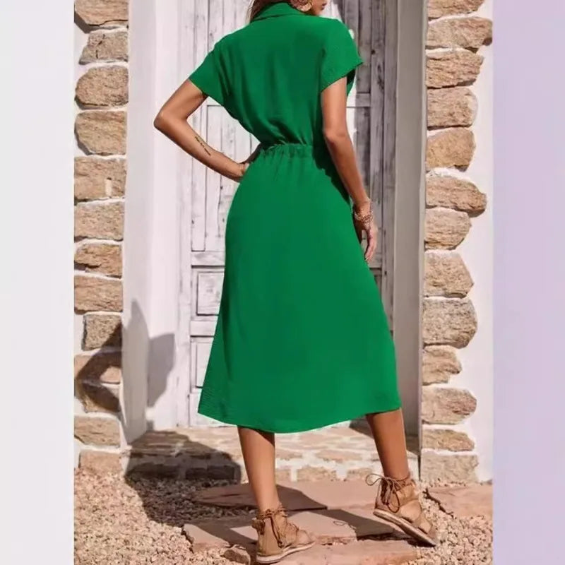 New Dresses 2025 Woman Fashion Summer Comfortable shirt collar Waist Skirt Ladies Clothing