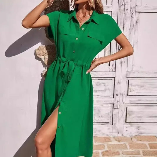 New Dresses 2025 Woman Fashion Summer Comfortable shirt collar Waist Skirt Ladies Clothing