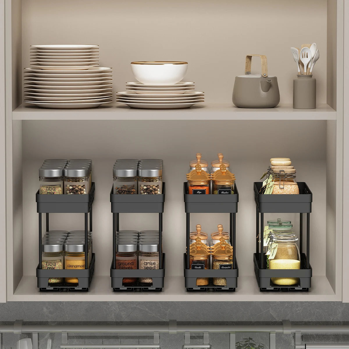 WORTHBUY Multifunctional Spice Jar Plastic Storage Rack Double-layer Seasoning Bottle Storage Organizer For Kitchen Cabinet