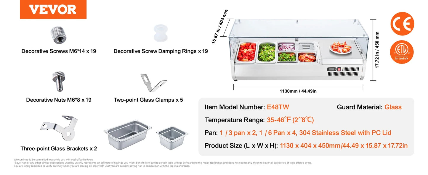 SucceBuy Countertop Refrigerated Condiment Prep Station 304 Stainless Body and PC Lid, Sandwich Prep Table with Glass Guard