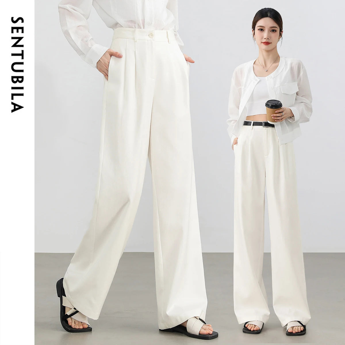 SENTUBILA Lyocell Straight Women's Pants 2025 Spring Summer Fashion Commute Solid High-waist Folds Pockets Trousers 152K58427