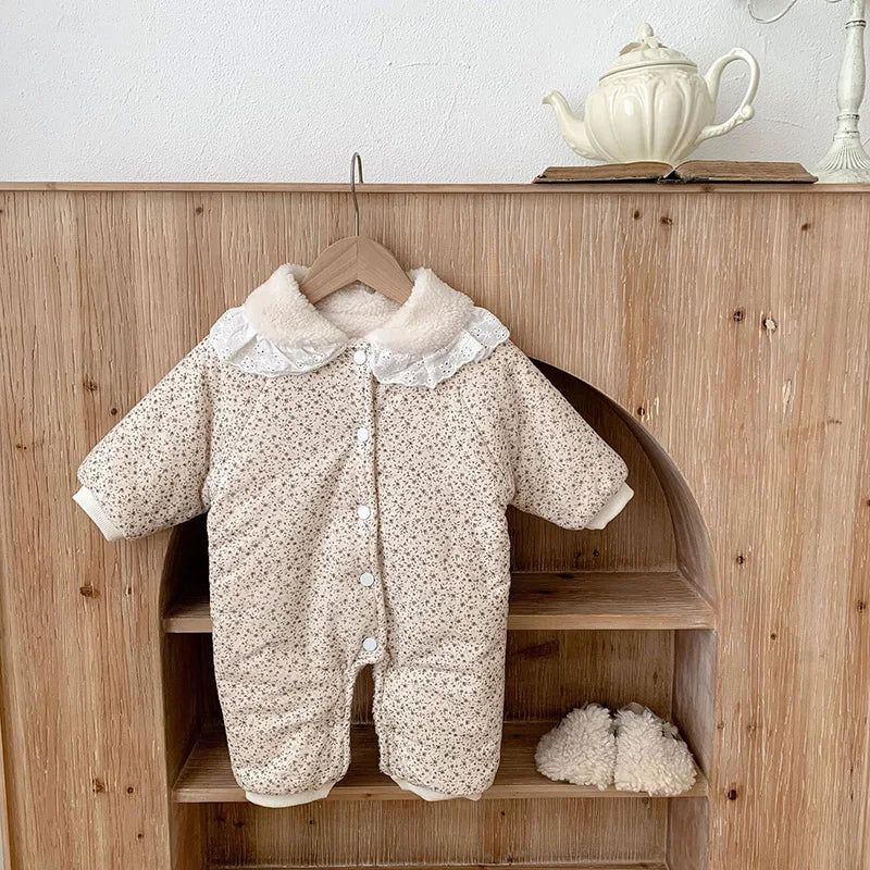 MILANCEL New  Baby Rompers Fur Lining Girls Jumpsuits Floral Fleece Thicken Toddler Clothing