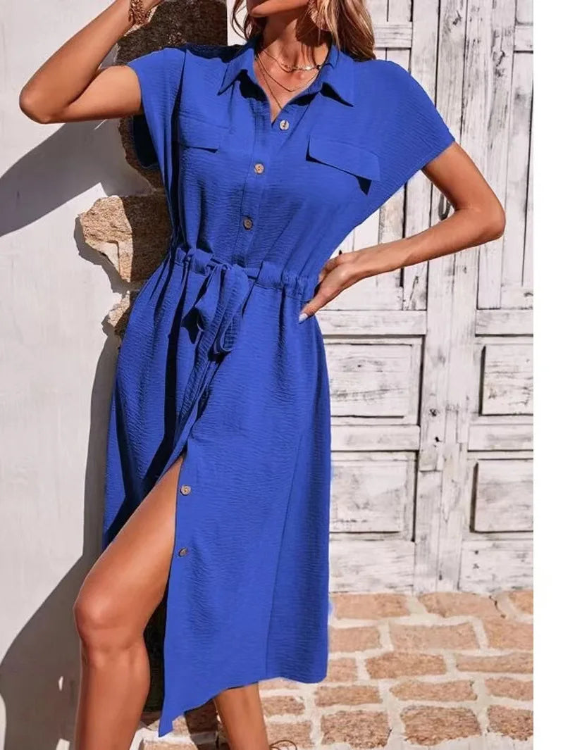 New Dresses 2025 Woman Fashion Summer Comfortable shirt collar Waist Skirt Ladies Clothing