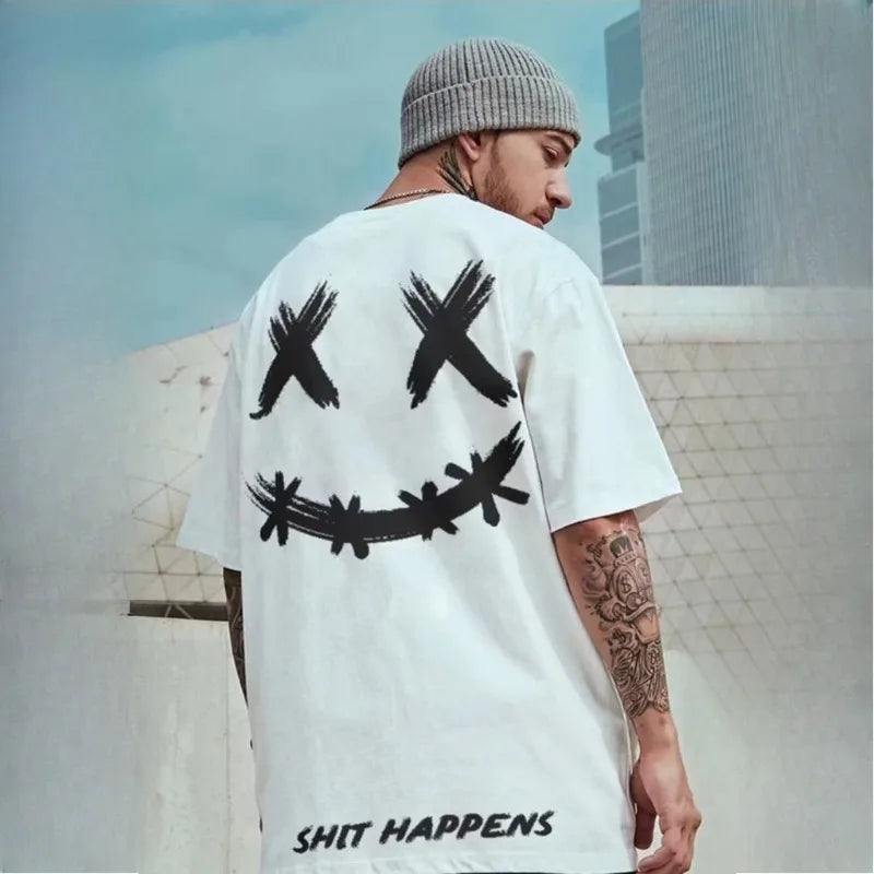 8XL Loose Fitting Fashionable Trendy American Smiling Expression Print T-shirt Comfortable Casual Men's Versatile Couple Outfit