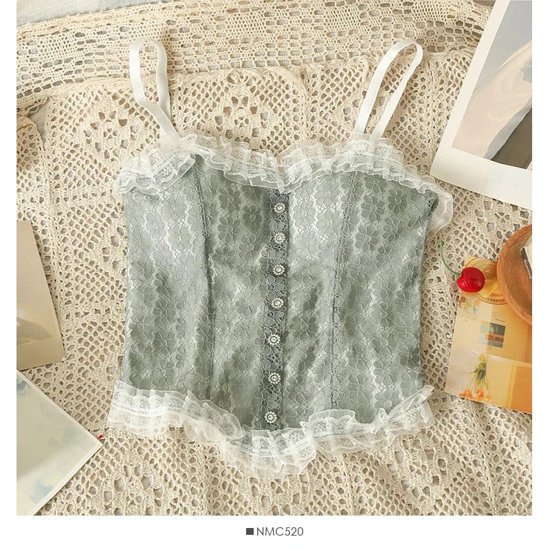 Women Sexy Lace Tank Top Sweet Off Shoulder Button Tube Top With Bra Pad Elastic Pleated Backless Camisole Y2K Fashion New