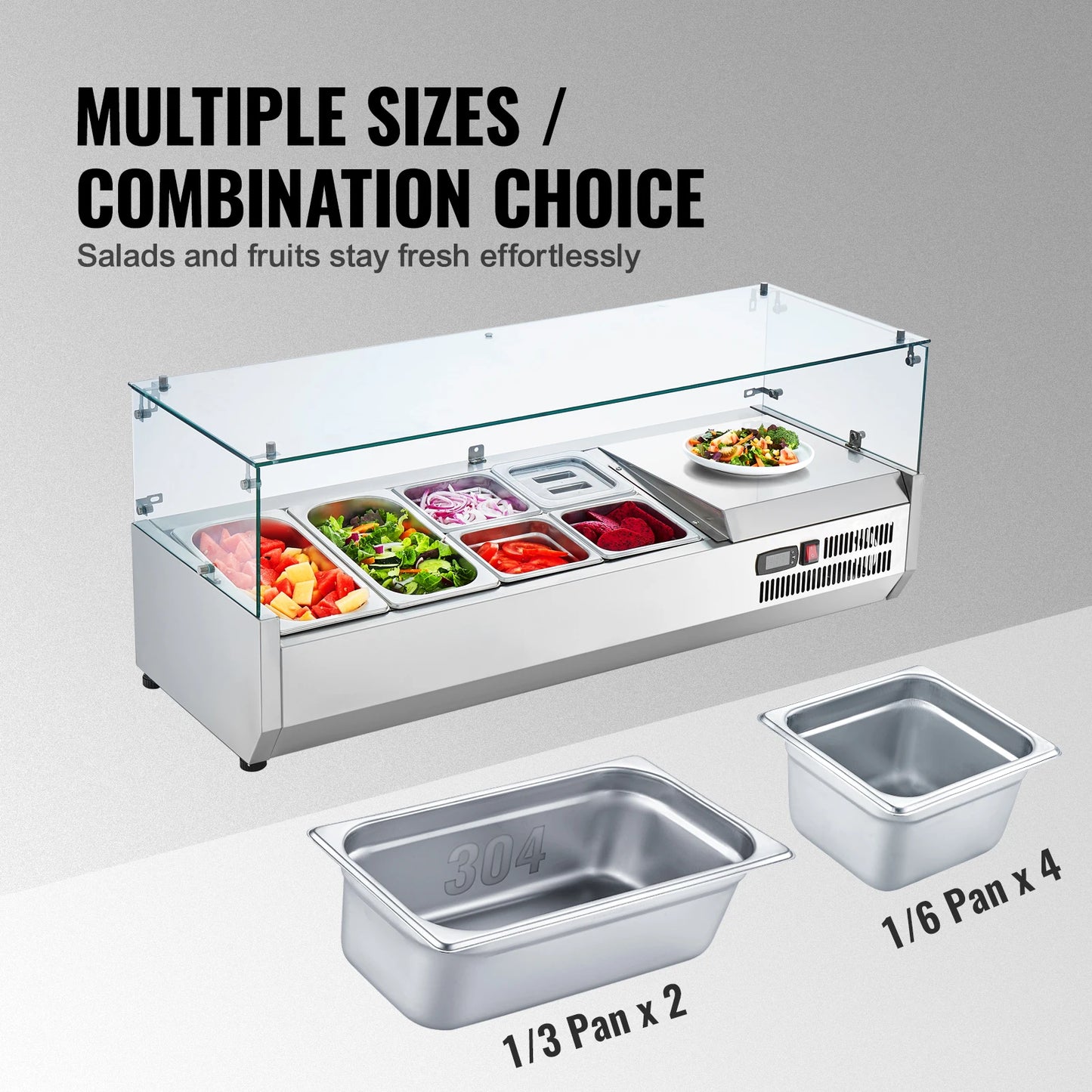 SucceBuy Countertop Refrigerated Condiment Prep Station 304 Stainless Body and PC Lid, Sandwich Prep Table with Glass Guard