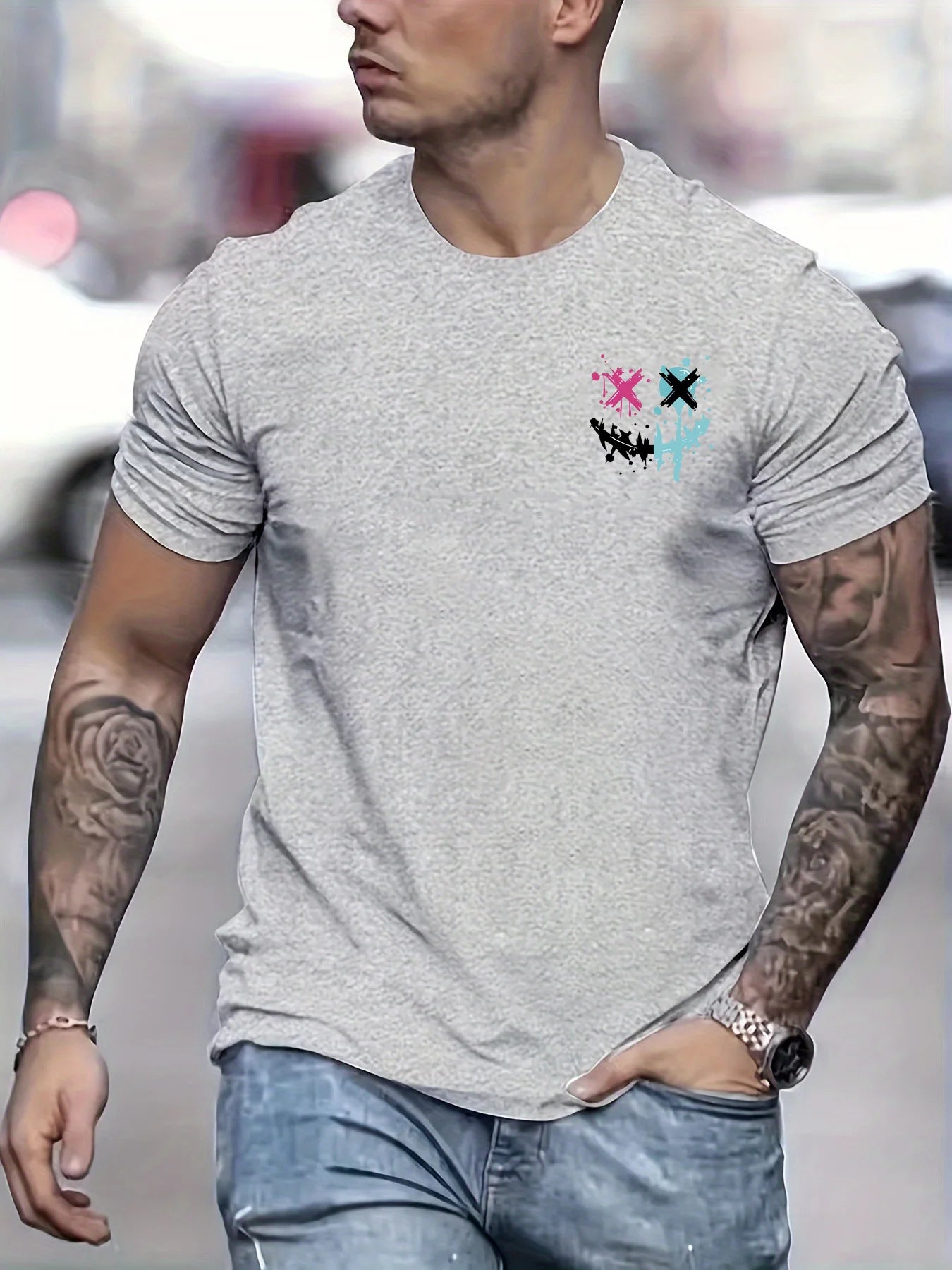 Men's summer 100 cotton fashionable casual sports loose smiling face pattern printed round neck short sleeved T-shirt top