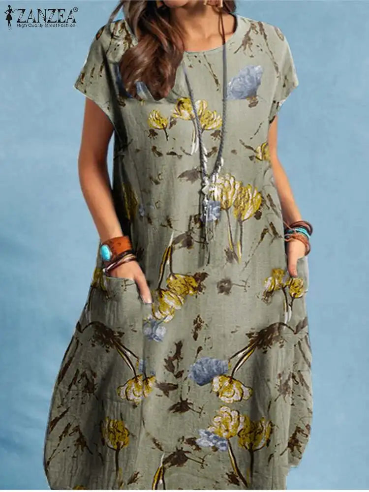 ZANZEA Women Summer Dress Bohemian Floral Print Vestido O-Neck Short Sleeve Pockets Sundress Fashion Casual Elegant Holiday Robe