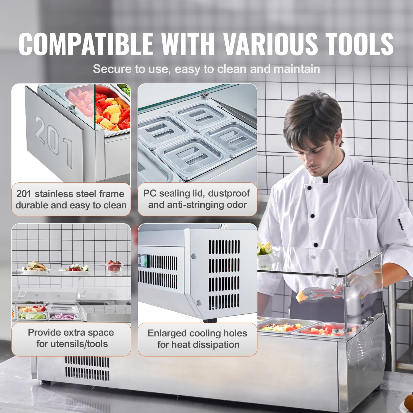 SucceBuy Countertop Refrigerated Condiment Prep Station 304 Stainless Body and PC Lid, Sandwich Prep Table with Glass Guard