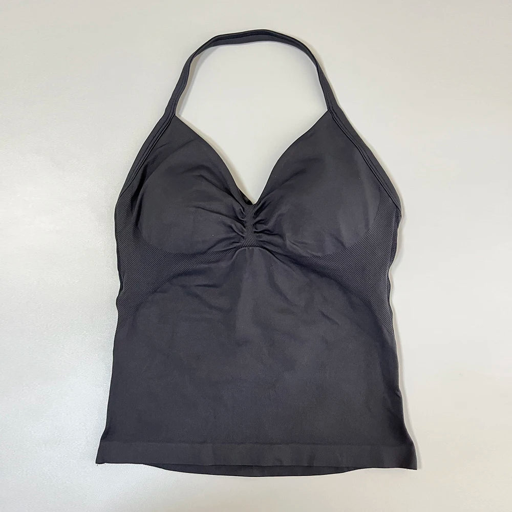 Longline Strappy Gym Top Women Sports Vest Backless Yoga Shirt Scrunch Built in Bra With Cups Halter Fitness Workout Tank Top