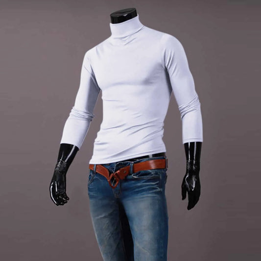 Autumn Winter Fashion Pullover Men's High Neck T-shirt Solid Colors Slim Fit Long Sleeve Cotton Breathable Casual Style