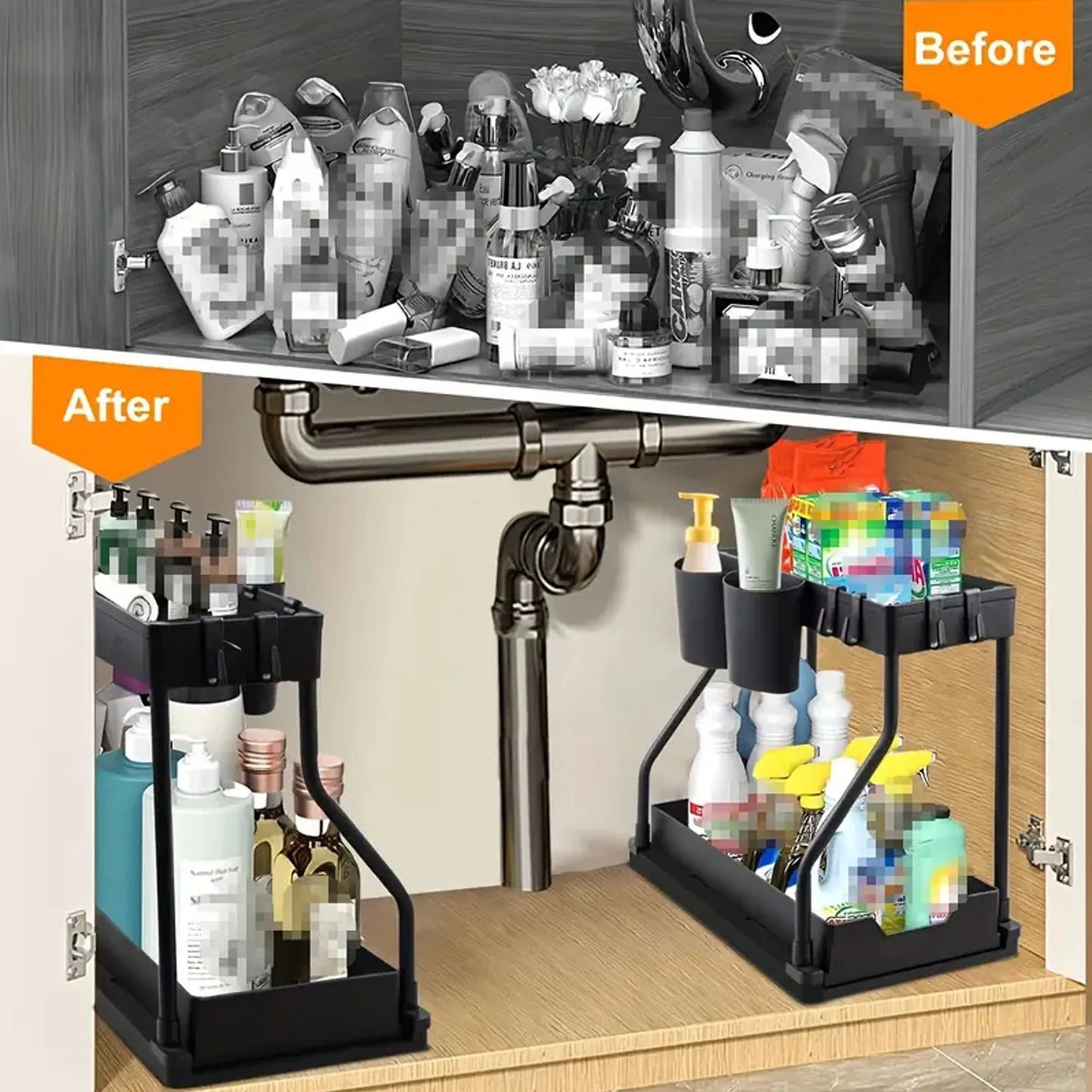 1 Piece of Double-Layer Pull-Out Storage Rack for Kitchen Desk and Bathroom under Sink Storage Rack, Multi-Functional R-Shaped Push-Pull Cabinet Storage Rack, Multi-Functional Desktop Bathroom Storage Drawer Organization and