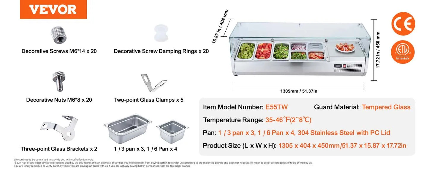 SucceBuy Countertop Refrigerated Condiment Prep Station 304 Stainless Body and PC Lid, Sandwich Prep Table with Glass Guard
